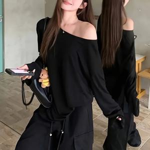TEMU 여성용 블랙 오프숄더 긴팔 티셔츠 - 캐주얼 루즈핏, 단색, 풀오버 스타일, 가을에 완벽, 캐주얼 착용|리라크스 핏 탑|풀오버 스타일 셔츠