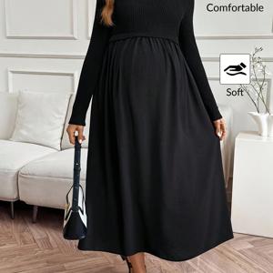 TEMU 여성용 우아한 임산부 드레스 - 라운드넥 긴팔 A라인 임산부 드레스, 신축성 있는 원단, 임신, 사무실, 파티, 일상복 - 간편한 관리, 우아한 임산부 의상, 임산부 옷, 사무실 복장, 플레어 밑단, 편안한 착용감|임부복