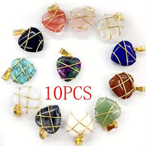 TEMU 10개 세트 천연석 및 합성 프로틴 그린 아게이트 멀티 소재 골드 와이어 복숭아 하트 펜던트 DIY 주얼리 만들기, 홈 또는 여성용 휴일 선물; 천연석 결함은 정상적입니다