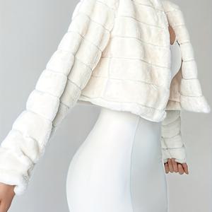 TEMU 여성용 단색 모피 코트, 폴리에스터 니트 원단, 긴 소매, 짧은 길이, 플랙크 클로저, 비방수, 가을/겨울 아우터웨어