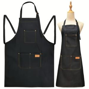 TEMU 헤비듀티 상업용 주방 앞치마 - 두꺼운 허리 스트랩, 조절 가능한 목걸이, 쉬운 세척 블랙 앞치마 (레스토랑, 카페, 미용실, 가정용) - 요리, 헤어스타일링, 음료 준비를 위한 전문 셰프 앞치마, 내구성 폴리에스터, 고품질 디자인