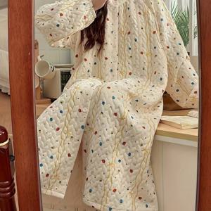 TEMU 편안하고 귀여운 여성용 임산부용 나이트가운 - 두꺼운, 따뜻한 가을/겨울용 점박이 디자인, 수유 친화적, 폴리에스테르