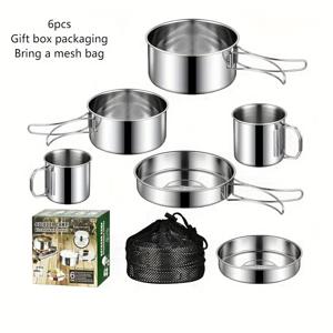 TEMU 야외 사용, 캠핑, 피크닉 및 그릴용 스테인리스 스틸 조리기구 세트, 머그컵, 냄비, 그릇, 식기류 및 주방 필수품 포함, 접이식 및 중첩 가능한 휴대용 캠핑 조리도구 키트 6개