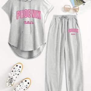 TEMU 여성용 캐주얼 두피스트로우스트링 후드티와 바지 세트 - 