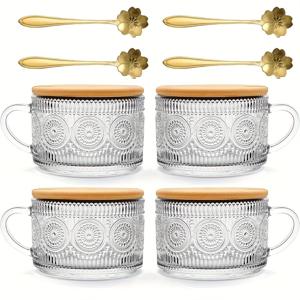 TEMU 오늘의 선물 여성용 레트로 유리 커피 컵, 뚜껑과 스푼이 포함된 오버나이트 오트밀 용기, 14온스 투명 엠보싱 음료 컵, 아이스 커피 컵, 티 컵, 레트로 유리제품,빈티지 컵,고품질 유리, 음료용품,음료 용기,커피 애호가,그녀를 위한 선물