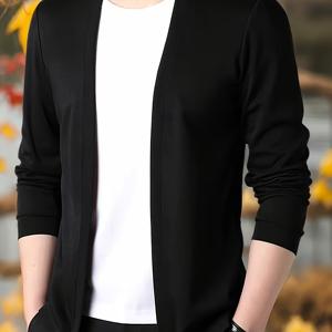 TEMU 남성용 경량 니트 카디건 - 봄과 가을을 위한 캐주얼한 단색 오픈 프론트 숄, 일반 슬리브와 키홀 디자인을 갖춘 다용도한 얇은 아우터웨어