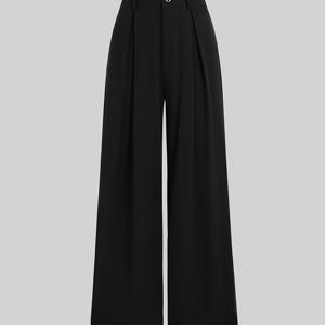 TEMU 여성용 빈티지 스타일 블랙 자카드 플리츠 와이드 레그 팬츠 - 캐주얼 레그 트라우저, 탄성 허리띠, 올 시즌 편안함, 편안한 패션 | 빈티지 플리츠 트라우저 | 자카드 직조 트라우저