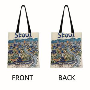 TEMU Seoul Skyline 토트백 - 현대적인 한국 건축 디자인과 전통 건물, 여성용 경량 폴리에스터 숄더백, 여행 및 쇼핑용 넉넉한 오픈탑 가방, 일상 사용에 적합 - 서울 애호가를 위한 이상적인 선물 (화이트, 베이지, 레드, 블랙 색상 가능) - 판타지 테마 프린트, 내구성 있는 원단