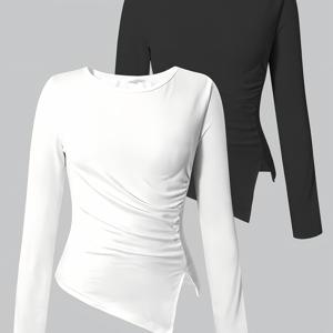 TEMU 2개 세트 여아용 슬림핏 비대칭 넥라인 긴팔 티셔츠 - 라운드넥 캐주얼 레이어링 탑, 화이트 & 블랙 솔리드 컬러 니트 셔츠, 봄/가을 데일리 및 아웃도어 웨어, 청소년 패션 필수템, 세탁기 사용 가능