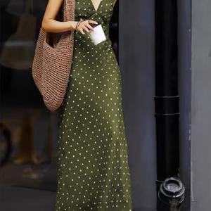 TEMU 여성 프렌치 빈티지 우아한 V넥 민소매 맥시 드레스 (폴카 도트 & 단색 옵션) - 구조적인 A라인 실루엣, 허리 묶음 백, 세탁기 사용 가능, 봄/가을 캐주얼 & 포멀 행사, 포멀 복장, 세련된 스타일 크리스마스