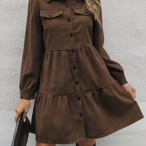 TEMU 여성용 우아한 솔리드 컬러 웨딩 & 특별한 날 드레스 - 숏 칼라 A라인 스모크 드레스, 소매 & 버튼 프론트, 봄/가을 블라우스 드레스, 데이, 교회 행사, 캐주얼 아웃핏 - 세탁기 사용 가능 (S 사이즈)