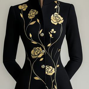 TEMU 고급 골드 포일 장미 디자인 여성 패션 하이엔드 커뮤터 수트 + 싱글 브레스트 프로페셔널 재킷, 데일리 커뮤트, 데이트, 파티에 적합