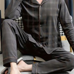 TEMU 2개 세트 남성용 헤비웨이트 느낌의 가벼운 파자마 세트 - 사계절 편안함, 칼라 & 체크/핀스트라이프 셔츠 & 팬츠, 부드럽고 통기성 좋은 연중 착용 가능한 파자마, 세탁기 사용 가능한 침구 (브라운/베이지)