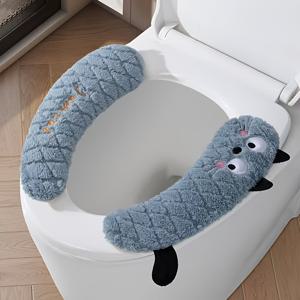 TEMU 귀여운 고양이 디자인의 접착식 변기 시트 커버 - 플러시 쿠션 시트 & 부드러운 손잡이, 눈과 귀 포함, 사계절 사용 가능, 미끄럼 방지 욕실 장식, 쉬운 부착 및 제거, 내구성 있는 소재 (베이지/블랙) - 노약자에게 이상적, 위생적이고 편안한 변기 액세서리|변기부속품|변기커버