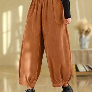 TEMU 여성용 브라운 와이드 레그 하렘 팬츠 - 솔리드 컬러 무스트레치 겨울 바지, 포켓 디자인, 스위핑 릴랙스 핏, 캐주얼 & 포멀웨어용 세탁기 사용 가능 (스트레치 없는 소재) - 드레스 & 스커트 코디용 바지