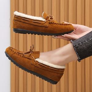 TEMU 여성용 포근한 기모 안감 모카신 - 리본 장식 슬립온 로퍼, 브라운 & 화이트, 캐주얼 겨울 신발 (실내/실외 착용), 편안한 패브릭 갑피 & 고무 밑창, 손세탁 가능, 실내 신발 | 리본 장식 신발 | 고무 밑창 신발|단화