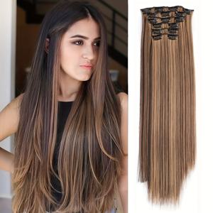 TEMU 클립인 헤어 익스텐션, 두껍고 긴 레이스 웨프트 가볍고 합성 헤어피스 여성용 초콜릿 브라운 골든 블론드 헤어 클립 헤어 액세서리 할로윈 크리스마스