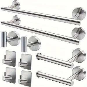 TEMU 화장실 하드웨어 세트 10개, 스테인레스 스틸 수건 바, 벽에 부착 가능한 튼튼한 걸이 랙, 욕실용 현대적인 액세서리 키트, 수건 막대, 화장지 거치대, 로브 후크, 화장실 수납 후크 키트 포함|화장지