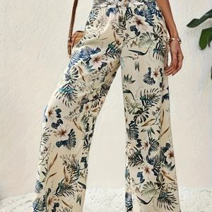 TEMU 여성용 열대 프린트 조거 팬츠 드로스트링 허리 - 캐주얼 루즈핏 와이드레그 팬츠, 생동감 있는 팜 리프 & 새 디자인, 가벼운 비스턴 스트레치 원단, 봄/여름용, 여름 조거 팬츠 | 열대 프린트 팬츠 | 드로스트링 허리띠, 조거 팬츠