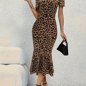 TEMU 프린트 크루넥 드레스, 우아한 짧은 소매 러플 머메이드 밑단 드레스, 봄 & 여름용, 여성 의류