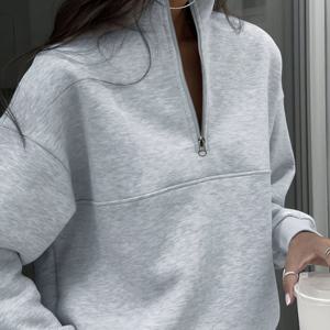 TEMU [1pc 단색 헤더 그레이 스웨트셔츠] 여성 캐주얼 폴리에스테르 스웨트셔츠 - 단색 헤더 그레이, 스탠드 칼라, 하프 지퍼, 가을/겨울용 약간 늘어나는 긴팔 풀오버