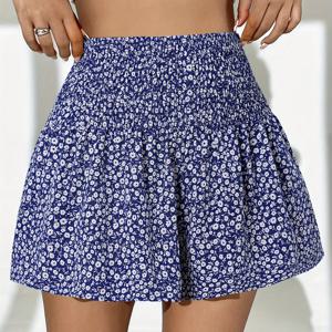 TEMU 1pc 우아한 플로럴 폴리에스터 스커트 - 여성용 - 셔링 허리밴드, 짠 원단, 봄/여름/가을 패션 쇼트 스커트