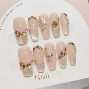 TEMU 10pcs 중간 트라페조이드 손수 제작 프레스 온 네일, 우아하고 로맨틱한 네일, 핑크 네일, 휴일 댄스, 나비, 분리 가능하고 재사용 가능, 젤리 글루 1개와 네일 파일 1개 포함, 일상, 사무실, 학교, 데이트, 파티, 댄스에 적합합니다.