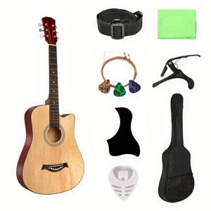 TEMU 38인치 초보자용 아코디언 기타 스타터 키트, 바스우드 넥, ABS 플라스틱 바디, 배낭, 캡, 조절 가능한 스트랩, 픽(랜덤 컬러), 스트링, 청소 천, 스크래치 보호 패드 포함