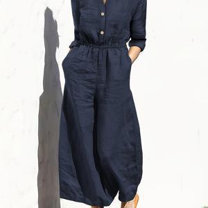 TEMU 여성용 네이비 블루 스퀘어넥 버튼 프론트 점프수트 - 가볍고 통기성 좋은 소재, 캐주얼 & 휴가용, 세탁 가능 사계절 우아한 의상, 클래식 버튼 디테일, 비침 방지 소재