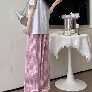 TEMU 여성용 하이웨이스트 캐주얼 체크무늬 팬츠 - 경량 루즈핏 드레이피 와이드 레그 트라우저, 대비 색상 블록 디자인, 사계절 내내 편안한 착용감의 비신축성 원단, 스캘럽 헴 스타일, 비투명 소재