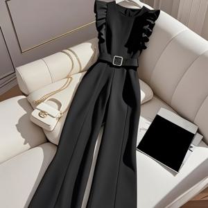 TEMU 여성용 프렌치 스타일 우아한 솔리드 컬러 반팔 점프수트 - 벨트 & 전면 풀 지퍼, 라운드넥 숏 유니폼, 오피스, 웨딩용 - 세탁기 사용 가능 가을/겨울 원피스 수트 (HW915)