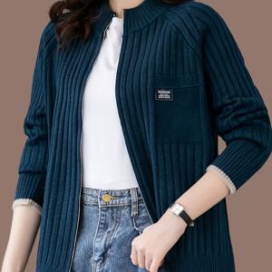 TEMU 여성용 우아한 네이비블루 & 대조카디건 - 두꺼운 겨울자켓, 지퍼포함, 라운드넥, 긴소매, 세탁기 사용가능, 중간신축력으로 캐주얼&정장룩 (가을/겨울), 고품질 겨울카디건, 귀여운스웨터, 여성용 후드티