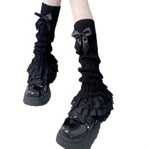 TEMU 1쌍 여성용 Y2K 스타일 블랙 레이스 러플 엣지 레그 워머 보우 디테일 - 가을 겨울용 미드-캐프 아크릴 양말, 세탁기 사용 가능 & 드라이클리닝 가능, 트렌디한 의상 액세서리, 겨울 양말, 레이어링 필수품, 여성적 디자인, 내구성 있는 소재, 양말 수집가용