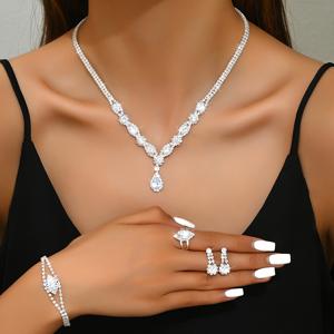 TEMU 우아하고 섹시한 네 조각의 주얼리 세트: 목걸이, 귀걸이 팔찌 반지 | 이브닝 이벤트를 위한 고급스러운 선물|링귀걸이|은목걸이