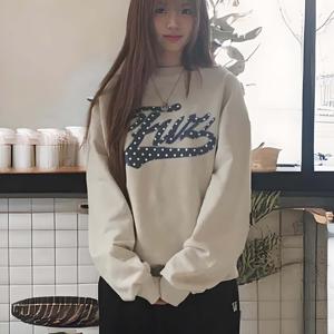 TEMU 여성용 Y2K 오버사이즈 베이지 스웨터 풀오버 - 화이트 도트 & 블루 스머지 프린트 (베이지와 브라운) - 루즈핏 라운드넥 긴소매 캐주얼 겨울 따뜻함, H-라인 실루엣, 가을/겨울용 세탁기 사용 가능한 스웨터