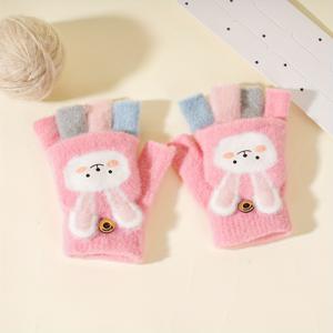TEMU 리버서블 토끼귀 장갑 - 겨울용 따뜻한 반장갑, 귀여운 토끼귀 & 핑크/블루/퍼플 트림, 부드러운 플러시 같은 발바닥, 남아 & 여아용 (그레이 내부) - 손세탁 가능, 야외 놀이 & 추운 날씨용