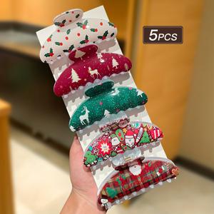 TEMU 5개 여성용 크리스마스 반달 헤어 클립, , 크리스마스 트리, 눈사람, 사슴 & 눈꽃 디자인의 대형 헤어핀 - 축제 분위기의 헤어, 겨울 헤어 장식, 크리스마스 헤어 클립, 머리집게헤어핀, 비녀, 헤어집게, 집게핀 대형, 소형집게핀, 헤어클립