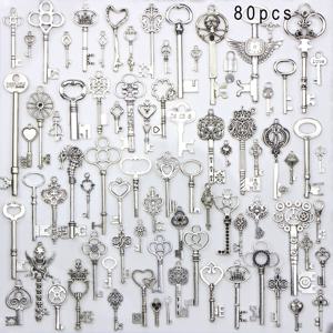 TEMU 실버리 스컬 키 펜던트, 80개 도매 혼합 캐슬 던전 해적 빅토리안 필리그리 하트 모양 로열 키 펜던트