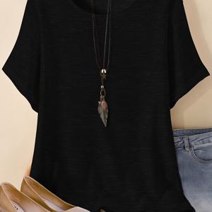 TEMU 플러스 사이즈 기본 단색 크루넥 티셔츠, 봄 & 여름용 캐주얼 반소매 티셔츠, 여성용 플러스 사이즈 의류