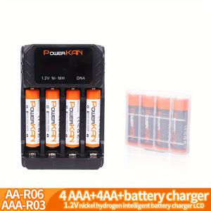 TEMU 세트 (배터리 + 충전기), PowerKAN 1.2V NiMH AA/AAA 재충전식 배터리 + DN4 충전기, 고용량 2100mAh AA 배터리 x4 & 800mAh AAA 배터리 x4 포함, 5V/2A USB 고속 충전 AA AAA 1.2V 배터리 충전기