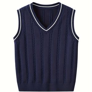 TEMU JOMAKE 소년용 니트 베스트 - 스타일리시한 V넥 풀오버 스웨터, 리브드 커프, 캐주얼한 프레피 스타일, 중간 스트레치, 단색 블랙, 가을/겨울에 완벽한 스웨터 베스트, 가을 겨울 의류, 노치드 슬리브 디자인, 리브드 텍스처