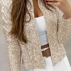 TEMU 여성용 우아한 시퀀스 재킷, 100% 폴리에스터, 긴 소매 크루 넥, 올 시즌 니트 소재, 일반 길이와 대비되는 시퀀스 디테일, 150gsm 무게