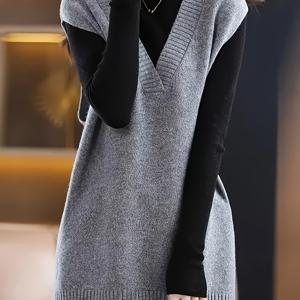 TEMU 여성용 우아한 V넥 스웨터 조끼 - 시크한 레이어링 가을/겨울, 올 시즌 활용 가능한 탑, 오피스, 파티, - 여성 패션 스웨터