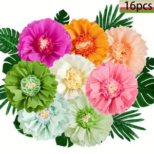 TEMU 16개 대형 종이 꽃과 인공 열대 잎, 25인치 거대한 3D 컬러 종이 꽃, 정글 하와이안 파티 생일 결혼식 바베큐 장식용 페이크 포리지, 할로윈 장식, 크리스마스 장식, 웨딩 데코, 트로피컬 테마, 경량 소재, 내구성 있는 종이, 홈 데코레이터, 웨딩 오거나이저