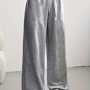 TEMU 여성용 하이웨이스트 드로스트링 와이드 레그 팬츠 - 솔리드 블랙 캐주얼 스포티 트라우저, 탄력 있는 허리밴드, 봄 여름 가을 편안한 착용감, 시즌 패션, 스타일, 매끄러운 질감