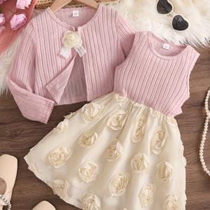 TEMU 여아 가을 신상 세피스 플라워 긴팔 카디건 민소매 조끼 웨스턴 스타일 투피스 슈트, 야외용|나시원피스|민소매원피스|가을원피스