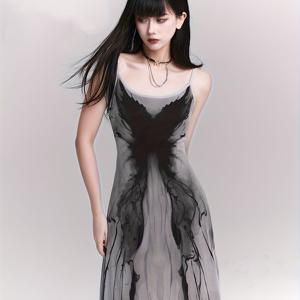 TEMU 여성용 우아한 손으로 그린 잉크 나비 A라인 맥시 드레스 & 대비 메쉬 백 - 플로어 길이 포멀 & 세미 포멀 이브닝 가운, 세탁기 사용 가능 사계절 파티 웨딩 드레스, 포멀 드레스, 웨딩 게스트 복장, 빈티지 스타일