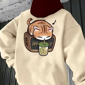 TEMU 남성용 그린 캣 & 보바티 그래픽 후드 스웨트셔츠 - 일본 우키요에 백 프린트, 캥거루 포켓, 올시즌 캐주얼 스트리트웨어 풀오버, 드로스트링 후드, 기계 세탁 가능 레귤러 핏 패션 탑