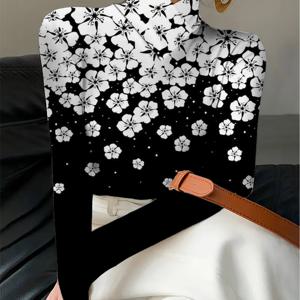 TEMU 여성용 우아한 일본풍 벚꽃 프린트 한복 스타일 긴팔 튜닉 탑 - 슬림핏 H라인 실루엣, 세탁기 사용 가능 봄/가을 블라우스, 캐주얼 & 포멀 이벤트용, 전통 칼라와 직선 소매, 불투명 소재, 패딩 없음, 풀오버 디자인, 여성용 우아하고 고급스러운 블라우스,여성용 블라우스