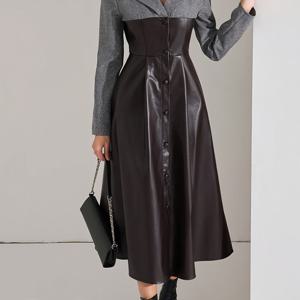 TEMU 여성용 우아한 칼라 A라인 드레스와 짧은 재킷 스타일 웨이스트 코트 - 맞춤형 버튼 프론트 클로저, 구조적 칼라 & 짧은 소매 - 단색 블랙/브라운/차콜 그레이, 사무실, 결혼식용 - 논스트레치 봄|여름원피스